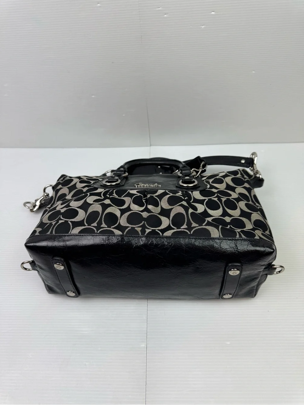 Coach F15443 Black Signature C Sateen Patent Leather Satchel Shoulder Handbag Ba